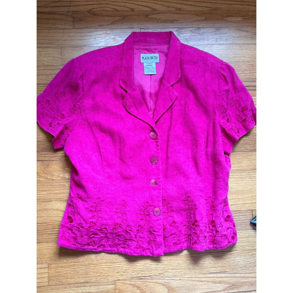 Vintage Plaza South Pink Linen Blend Embroidered Jacket Blazer Size 18 Plus